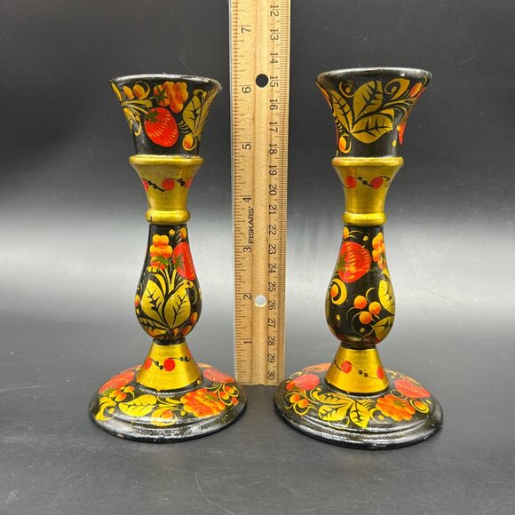 Vintage Khokhloma Candlesticks Hand Painted Russian Floral Fruit Folk Art Wooden - Picture 11 of 12